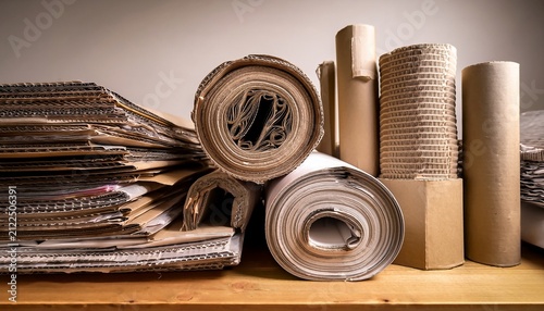 various recyclable paper materials including stacked newspapers flattened cardboard shredded paper baled paper rolled kraft sheets and a molded pulp egg carton