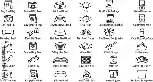 Pet food and care accessories icon set with kibble bags dog bowls wet canned treats fish food dispensers