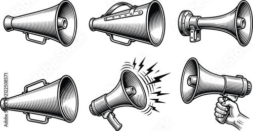 Vintage Megaphone and Retro Loudspeaker Vector Illustration Set with Woodcut Style Bullhorn, Handheld Microphone, Sound Waves, and Announcement Symbols