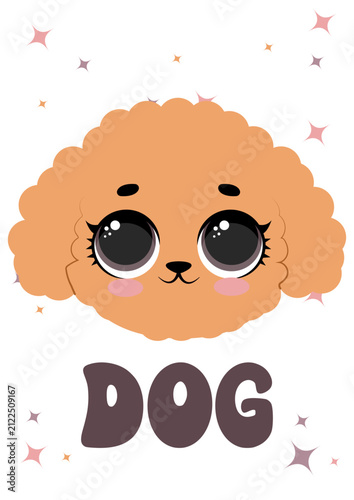 Cute fluffy poodle dog face portrait with sparkles and text for kids nursery apparel poster print