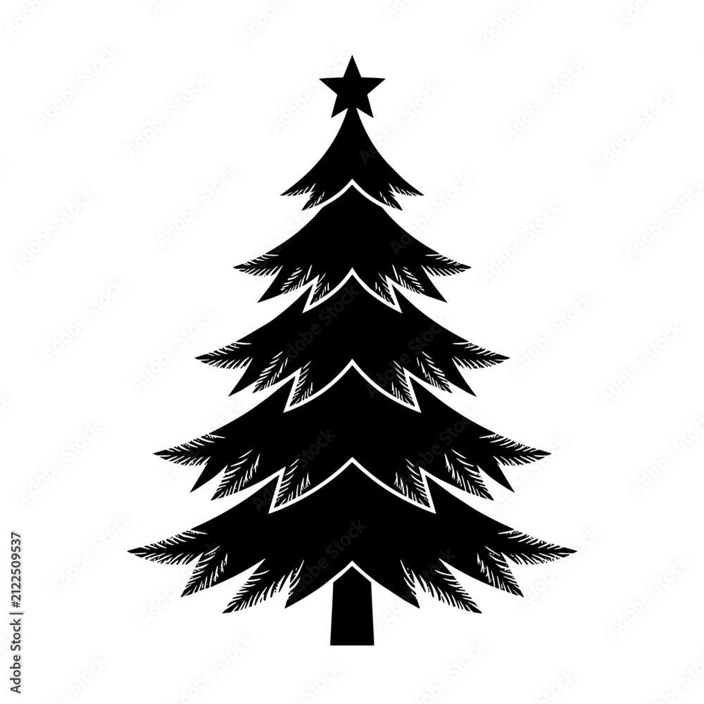 Fototapeta premium Black Christmas tree with star illustration flat design