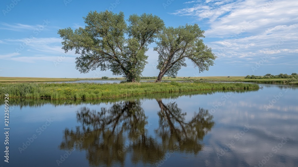 Obraz premium Two trees reflected in a still pond on a sunny day.