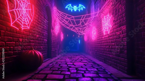 Neon lit dark alleyway decorated with glowing pink spider webs and bat for halloween celebration