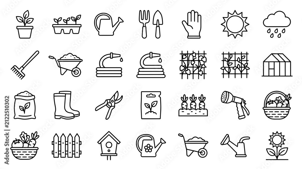 Fototapeta premium Gardening Tools and Supplies Icon Set