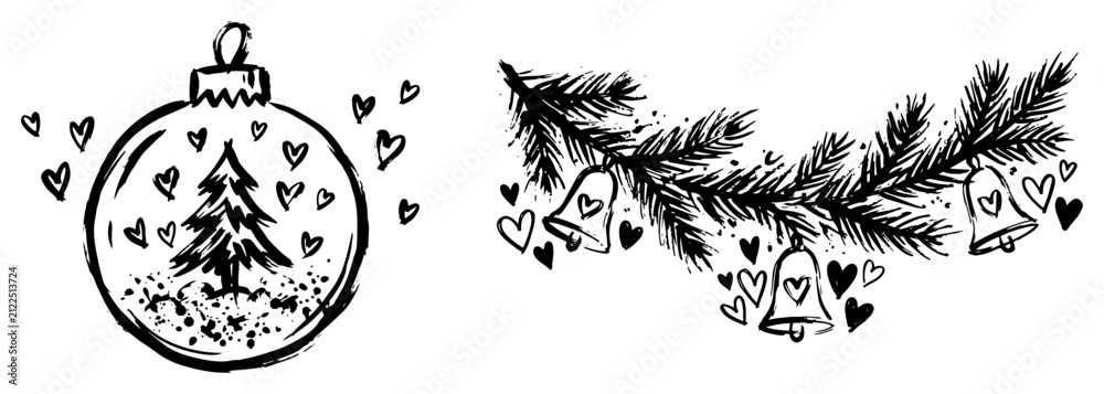 Obraz premium Christmas ornament ball and pine branch garland with bells and hearts in a hand-drawn ink style