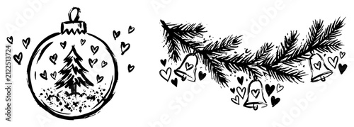 Christmas ornament ball and pine branch garland with bells and hearts in a hand-drawn ink style
