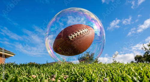 American Football Inside Giant Soap Bubble on Grass Field with Blue Sky Creative Concept