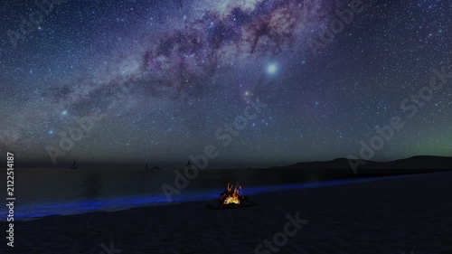 Milky Way Over Ocean with Glowing Bioluminescent Water