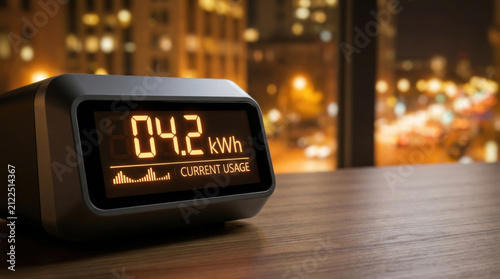 Smart electric meter digital screen home energy usage monitoring on table at night, glowing display