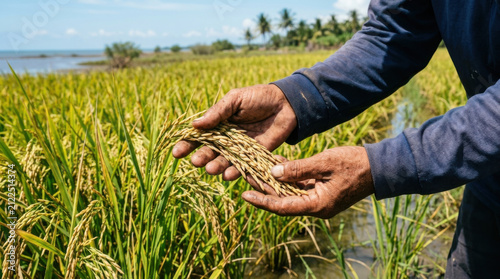 Saline tolerant rice harvest close up macro view of grain in field with hands and rural farm landscape