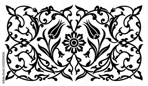 Ottoman floral ornament with tulip pattern in Iznik style black and white vector illustration