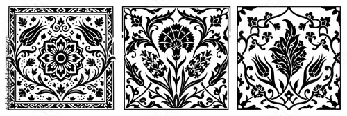Ottoman floral tiles with Iznik tulip and carnation patterns black and white vector illustration
