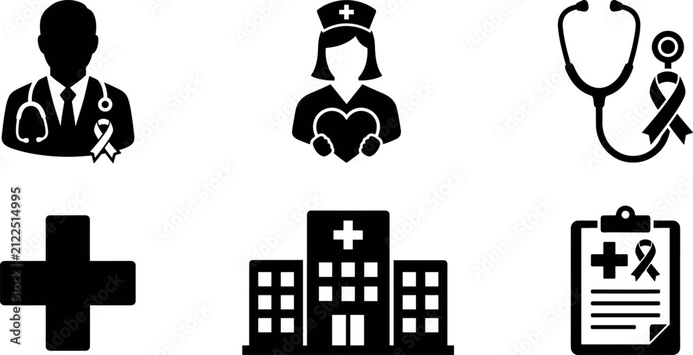Fototapeta premium Medical and healthcare icon set featuring a doctor, nurse, stethoscope, awareness ribbon, hospital building, cross, and clipboard checklist isolated on white.