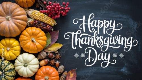 Thanksgiving Happy Thanksgiving Day handwritten typography on chalkboard background with decorative pumpkins and fall harvest vegetables flat lay USA