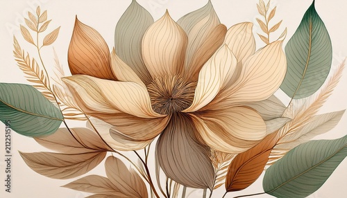 simple bohemian boho flower in earthy tones beige brown muted green simple line fall vibes watercolor