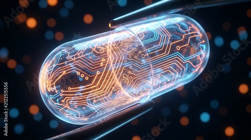 Transparent capsule with glowing circuit board inside