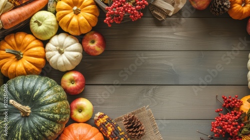 Thanksgiving Rustic autumn border with pumpkins apples and pine cones on dark wooden background for Thanksgiving holiday invitation card USA