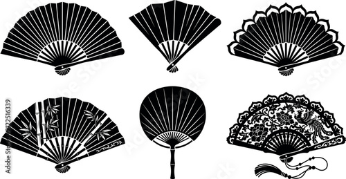 Traditional Asian hand fan silhouette set featuring Japanese folding fans Chinese uchiwa round fan bamboo patterns and ornate lace phoenix details.