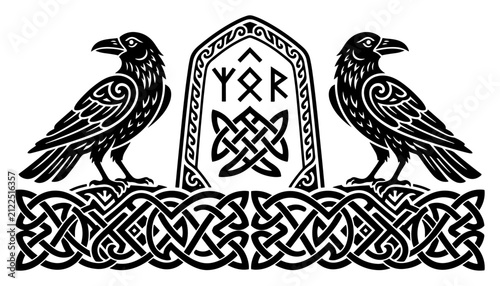 Foto Ravens facing runic stone with celtic knotwork border in nordic viking style