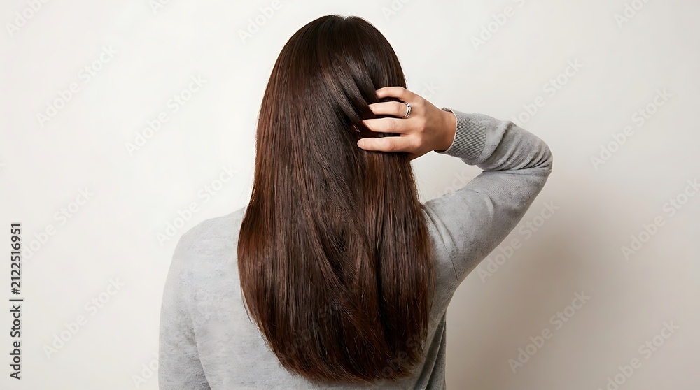 Fototapeta premium Person with long dark hair touching head long hair