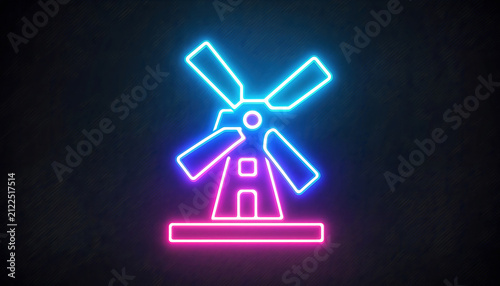 Vibrant Neon Windmill Icon Glowing in Night Studio.