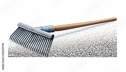 Rustic Garden Rake Resting on Gravel Surface.