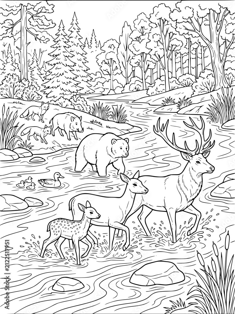 Fototapeta premium Forest Animals Crossing a River Coloring Page for Kids