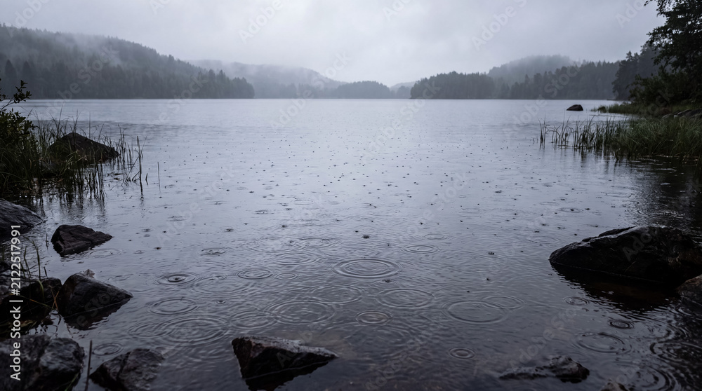 Fototapeta premium Rain falling on a tranquil lake with forested hills and mist creating a serene, solitary nature scene