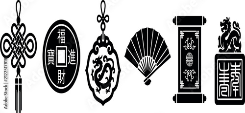 Traditional Chinese culture icon set featuring mystical knot, lucky coin, dragon amulet, folding hand fan, hanging scroll, and imperial jade chop seal.
