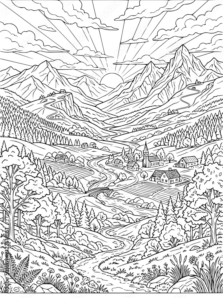 Fototapeta premium Mountain Village Landscape Coloring Page with Scenic River and Sunrise