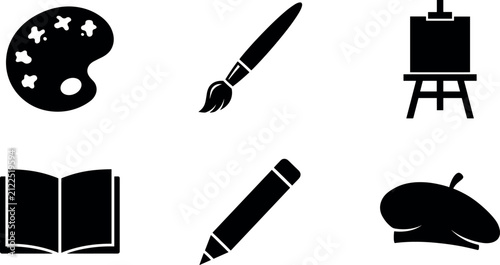 Art tool icon set with paint palette brush easel sketchbook pencil and artist beret isolated on white