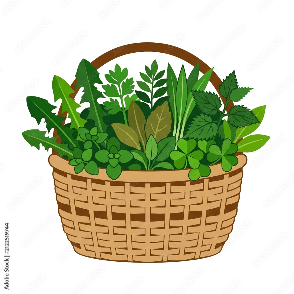 Naklejka premium Fresh Herb Basket with Assorted Green Leafy Vegetables.
