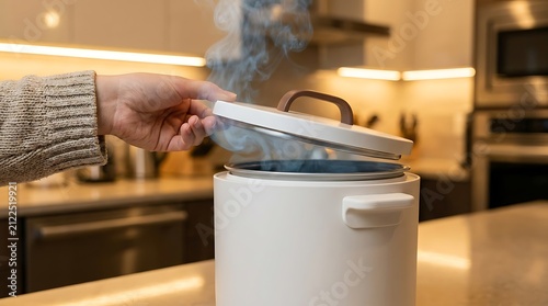 Hand lifting lid of steaming rice cooker in kitchen
