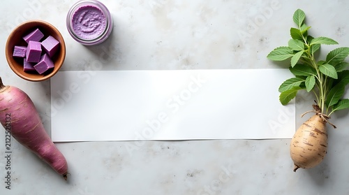 A minimalist high end food ingredient flat lay arranged in a geometric grid on a light grey stone surface