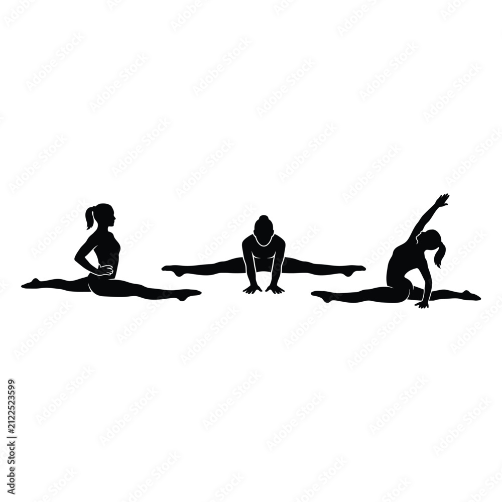 Obraz premium Vector illustration showing three black silhouettes of a female gymnast performing a front split a straddle split and a standing arabesque balance pose