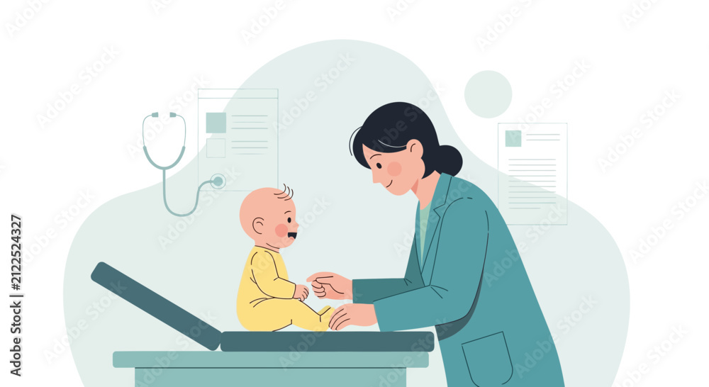 Fototapeta premium Doctor examining happy baby on medical examination table, illustration