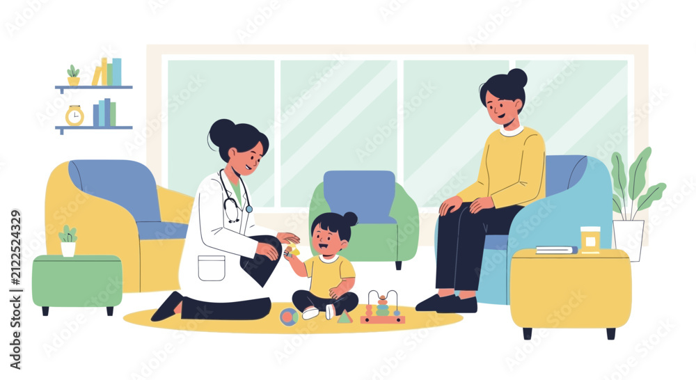 Fototapeta premium Doctor examining happy child in clinic, mother watching, bright illustration