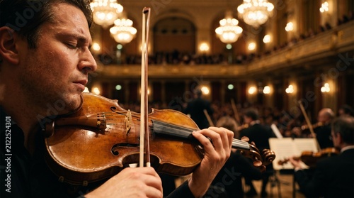 Professional male violinist performing classical music on stage during a concert in a grand hall.