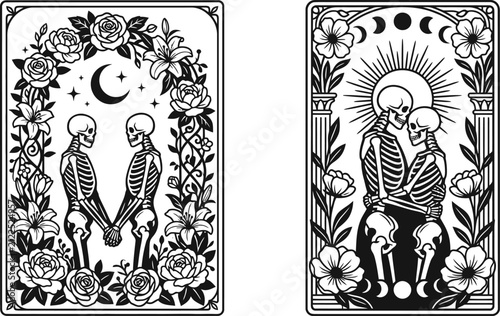 Skeleton lovers tarot card vector illustration featuring mystical gothic artwork of romantic skeletons surrounded by celestial elements and intricate floral frame designs
