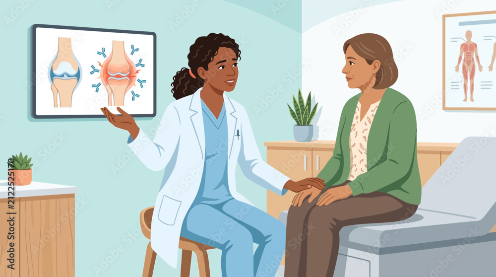 Fototapeta premium Doctor consulting patient about joint pain, illustration