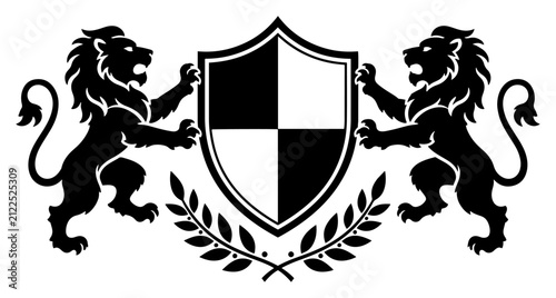 Foto Heraldic lions holding a shield with checkered pattern and laurel wreath in roya