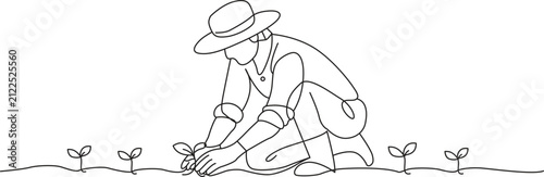 Gardener tending plants continuous line drawing on white background