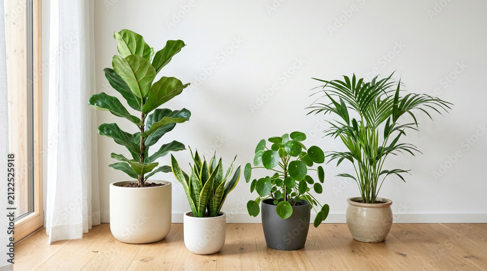 Fototapeta premium Indoor plants collection in modern pots by window, bright home decor