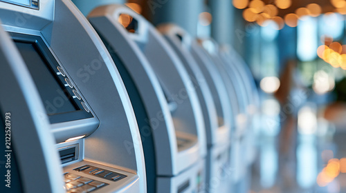 Row of modern self-service ATMs lined up in bank lobby, displaying screens, financial institution concept, defocused interior, with copy space