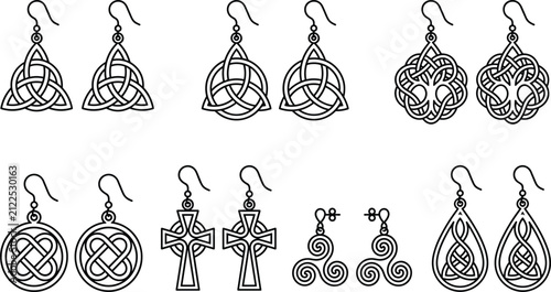 Canvastavla Celtic Knot Earring and Jewelry Line Icon Set with Triquetra, Cross, Tree of Lif