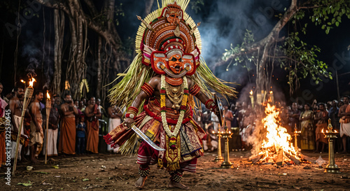 Spectacular Theyyam ritual performer wearing elaborate ceremonial costume and sacred face paint representing ancient Kerala cultural traditions