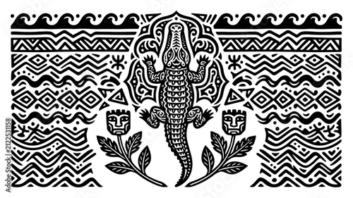 Crocodile with tiki masks and wavy water patterns in primitive tribal folk art style