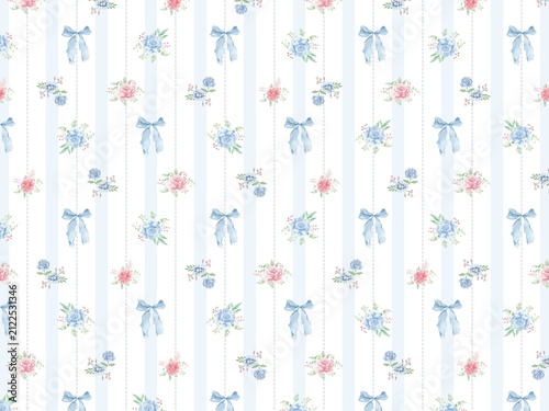 Blue and Pink Floral Bows Vertical Stripe Seamless Pattern