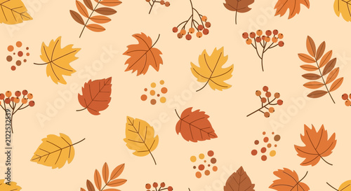 Autumn foliage featuring colorful leaves and wild berries creates a charming seamless pattern for seasonal textile design.