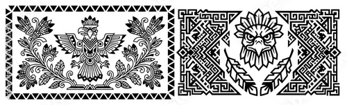 Aztec bird deity and eagle head ornaments in pre-columbian tribal style